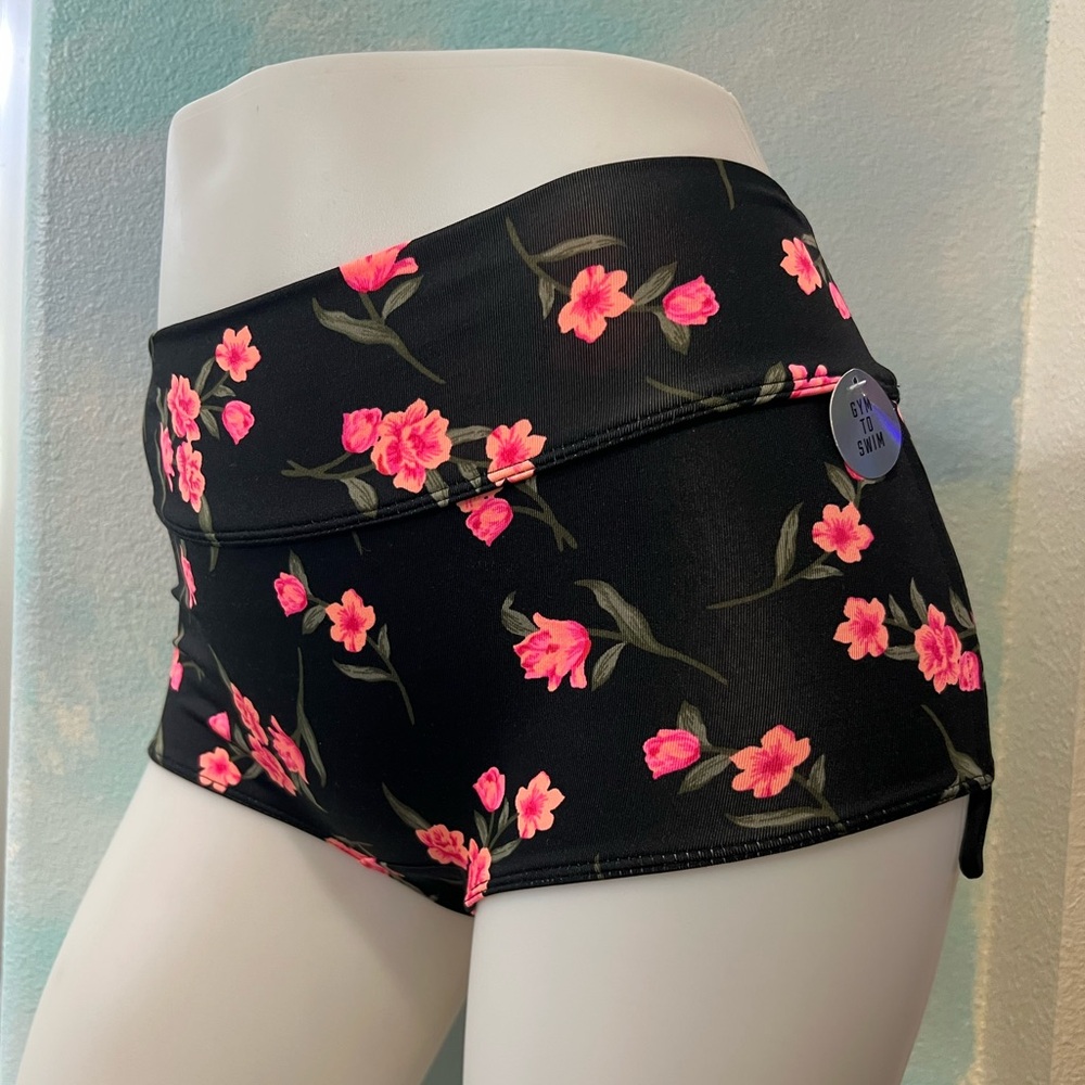 NWT PINK Sport Black & Pink Floral Gym to Swim Bottoms - Picture 2 of 7
